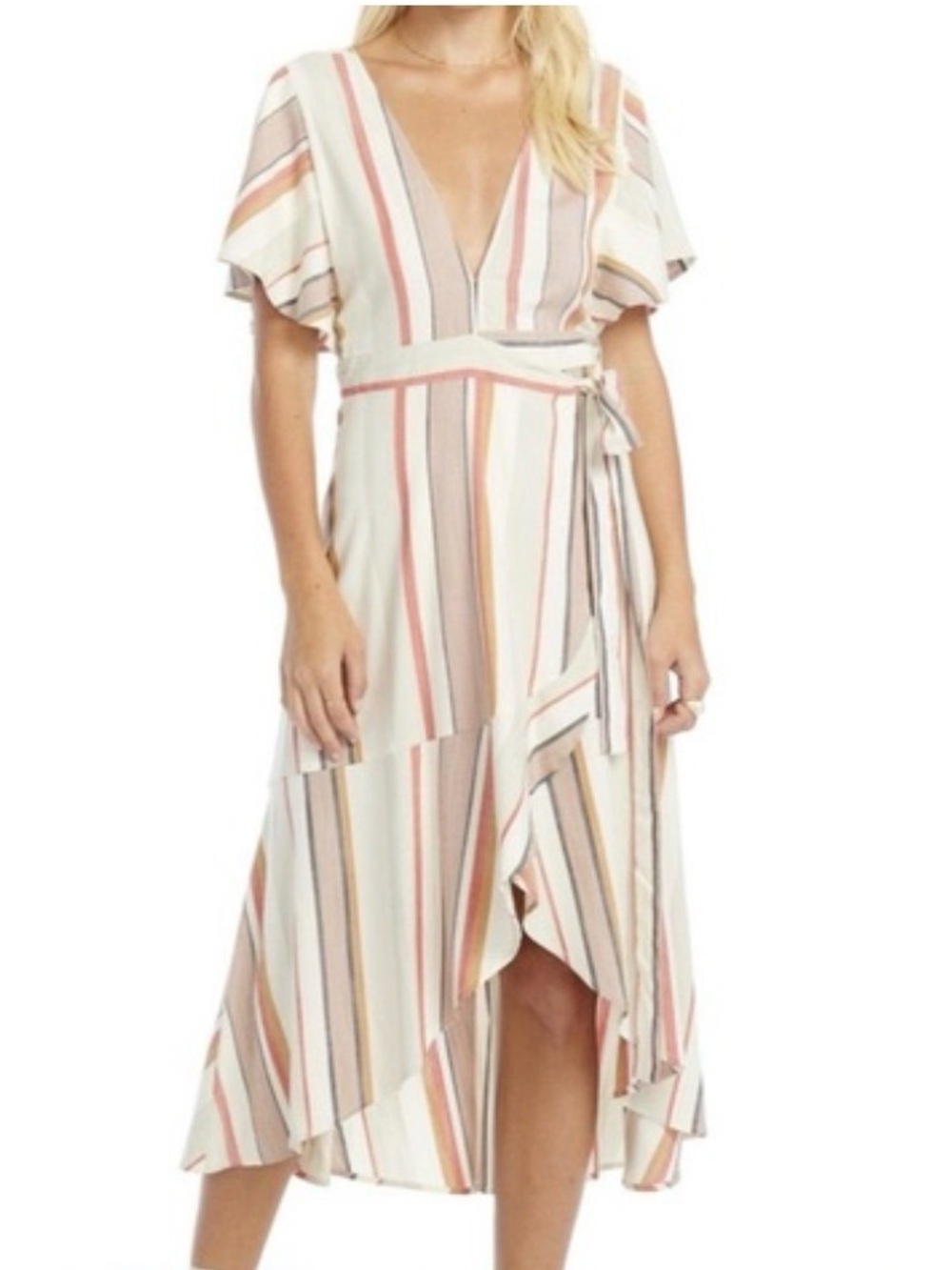 🆕Bnwt saltwater LUXE Milan Cream Striped High-Low Wrap Dress with Blush and Tan